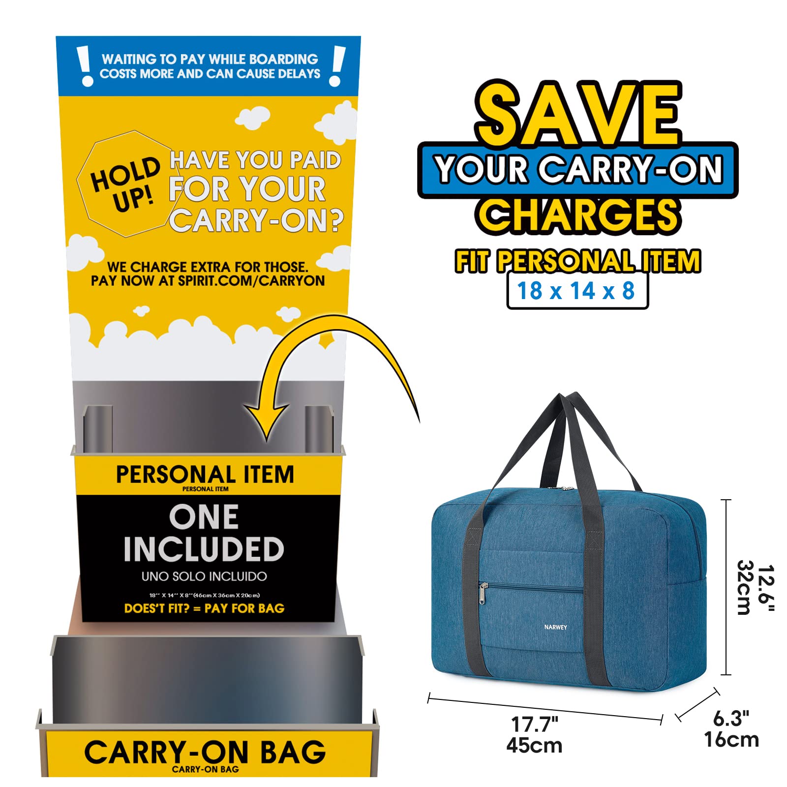Narwey Foldable Travel Duffel Tote For Spirit Airlines Personal Item B narwey