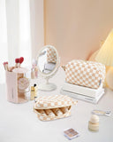 Narwey Mini Cute Checkered Makeup Bag with Organized Pockets for Women