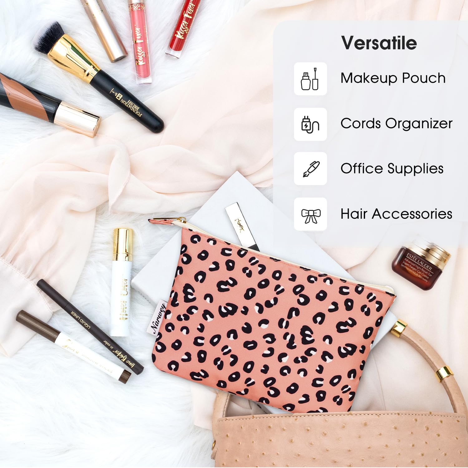 Narwey Large Makeup Bag Purse Vegan Leather Travel Makeup Pouch Cosmetic Bag Zipper Pouch Bags for Women narwey