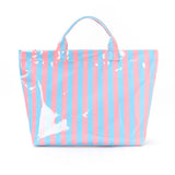Striped PVC Tote Bag Women's Plastic Tote Purse Large Letters Print Hobo Handbag for Work, Beach, Gift